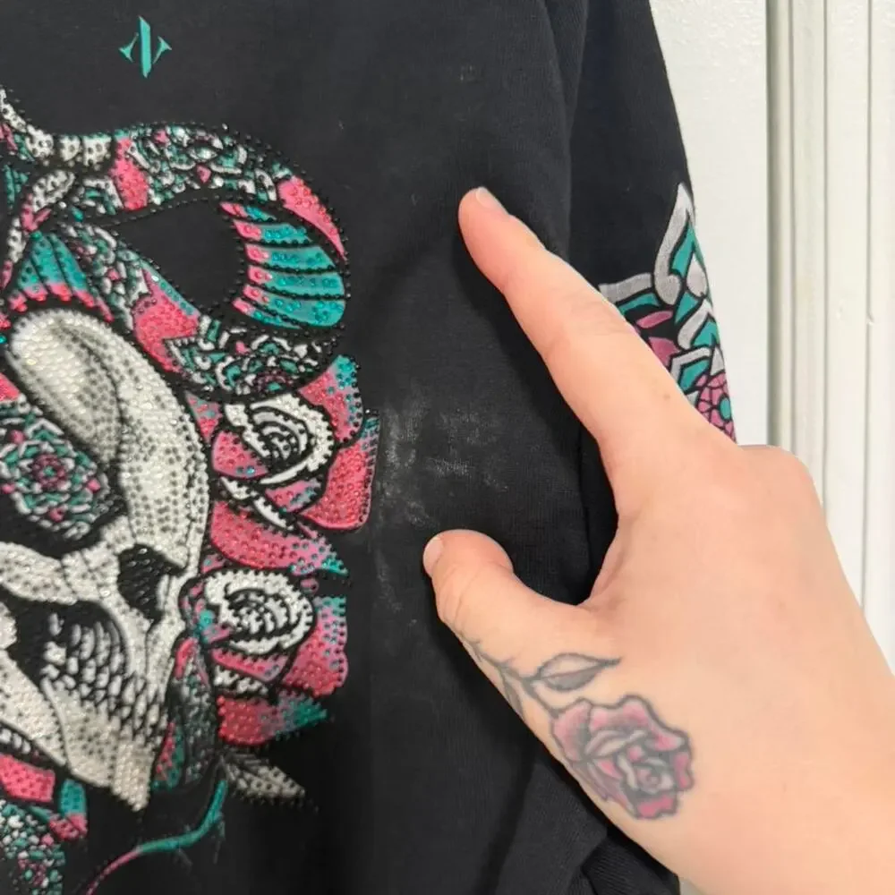 Black Label Affliction black skull and roses tee bedazzled Size XL - Picture 6 of 8